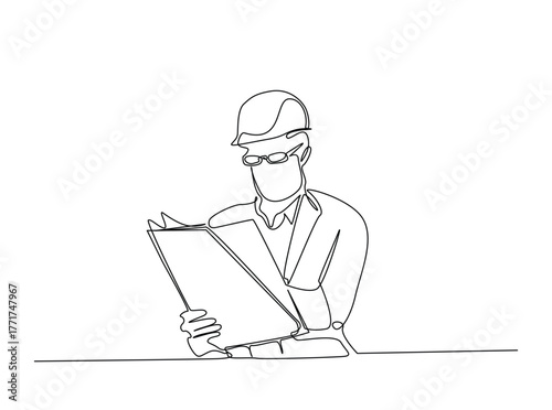 Engineer Reading Blueprint outline draw illustration. Continuous line art drawing of architect or engineer reading blueprint for construction. Editable stroke.