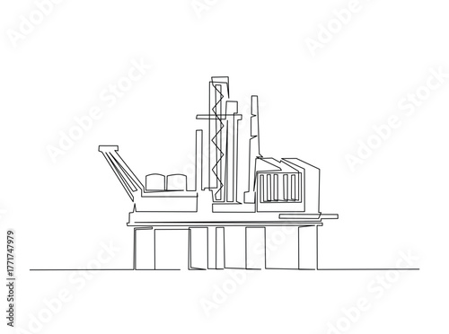 Petrol drilling platform in the ocean single outline draw illustration. Continuous line art drawing of Offshore oil rig in the ocean. Editable stroke.