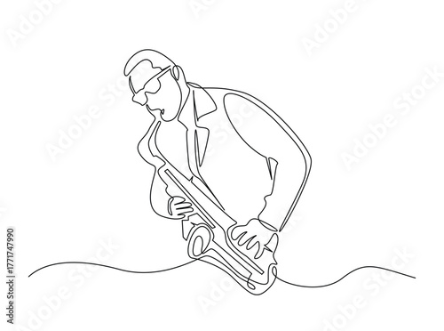 Man playing saxophone outline draw illustration. Continuous line art drawing of Saxophonist Perfomance. Editable stroke.