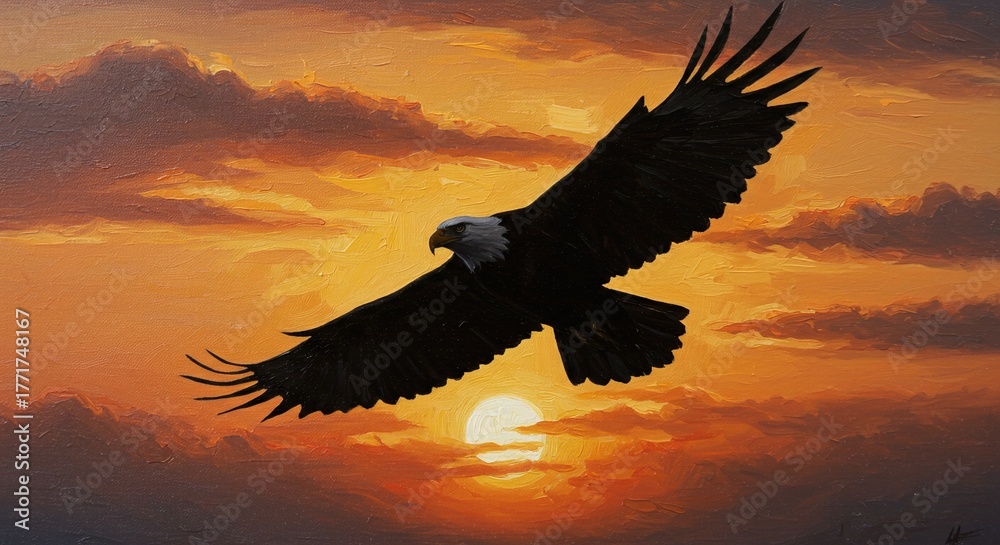 Obraz premium An eagle soars in the sky during a vibrant orange sunset , trending, fashion, lifestyle