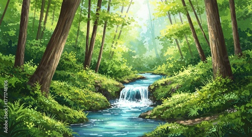 A stream flowing through a lush green forest illustration , trending, fashion, lifestyle