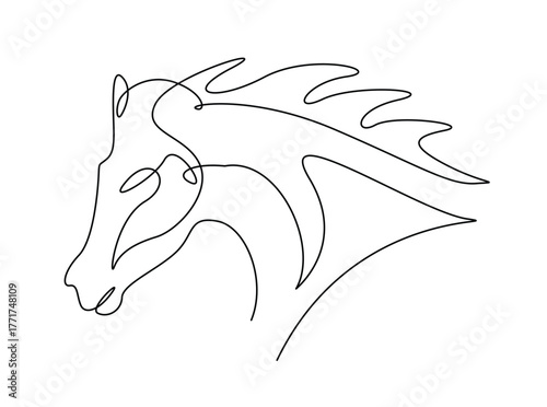 Horse head art in single outline illustration. Continuous line art drawing of wild stallion head.