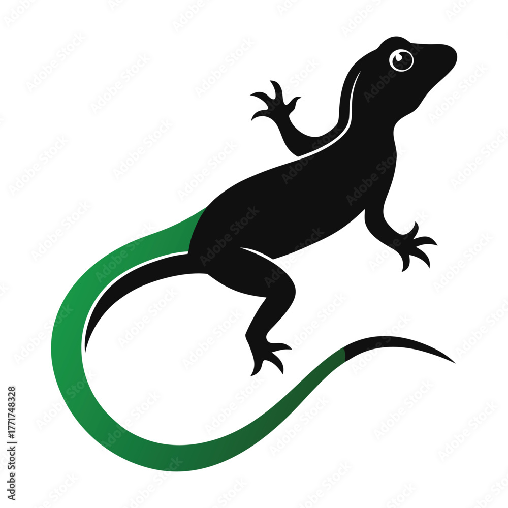 Naklejka premium Stylized black lizard with a green tail on a white background