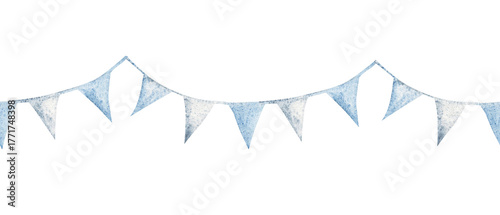 Watercolor blue bunting garland seamless border, pattern. Hand painted baby shower, birthday decoration for boy party, nursery wall print or invitation, cards, templates background.