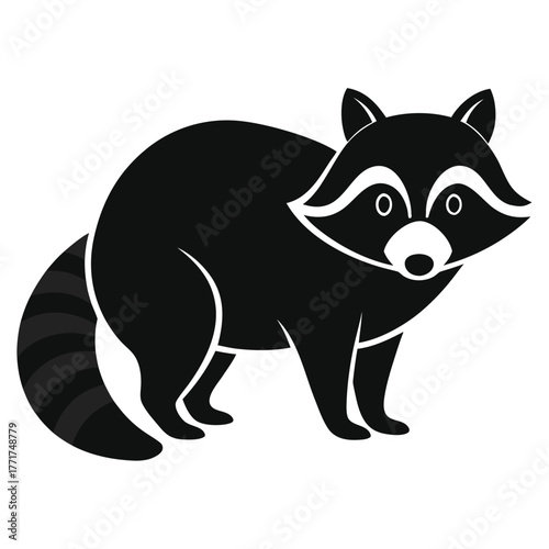 Stylized black raccoon illustration with ringed tail and white markings