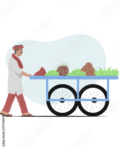 Street Vendor Action, Vegetable Cart, Urban Market, Illustration, Busy Environment, Side View, Local Culture