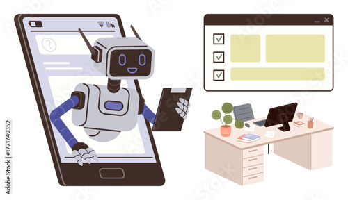AI robot emerging from smartphone holding tablet, checklist pop-up, and office desk with computer, books, and potted plant. Ideal for AI assistance, task management, automation, technology