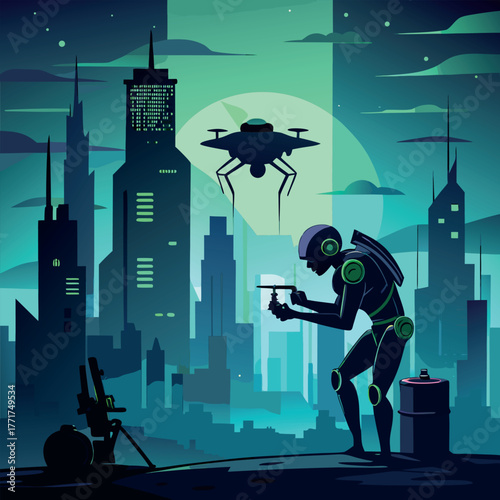 Silhouette of a humanoid robot repairing a flying drone under city lights