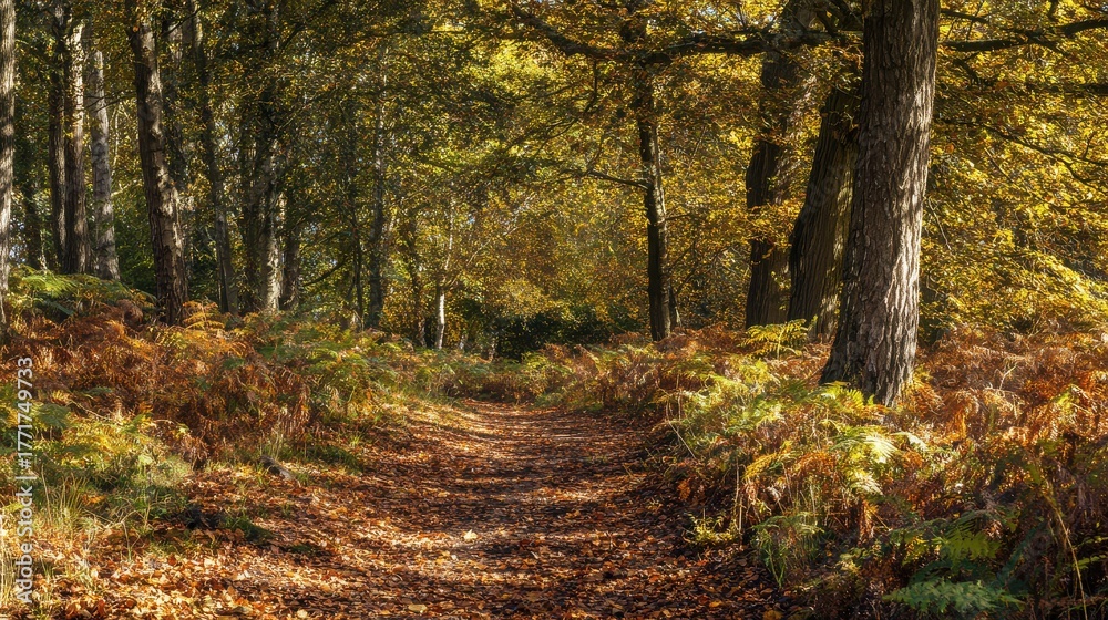 Obraz premium narrow. Narrow forest path with autumn leaves and dappled sunlight. representing seasonal cycles and harvest abundance, travel magazines, designed for travel destination branding.