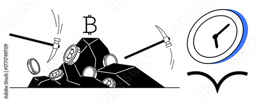 Coins and pickaxes on rocks with Bitcoin emblem symbolize cryptocurrency mining, digital assets, profit, and investment. Clock implies time management and efficiency. Ideal for blockchain, savings