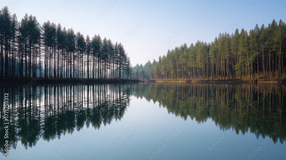 Fototapeta premium order. Calm lake mirroring a pine forest in symmetrical reflection under tranquil morning light. travel magazines, destination branding, designed for travel destination branding, used by hr managers.