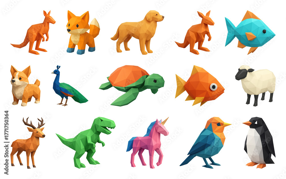 Obraz premium PNG Colorful polygonal animal figurines, element set on transparent background