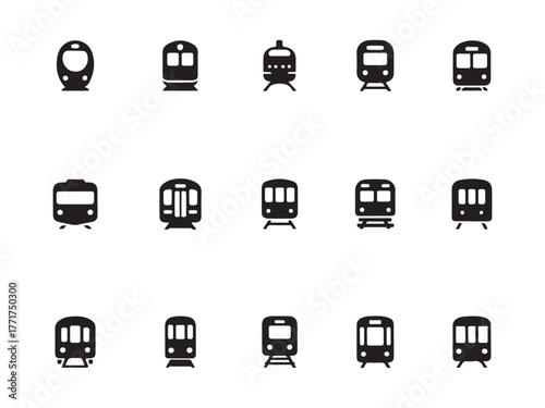 Train Icons: A comprehensive set of stylized train icons, each a unique representation of modern railway transport and representing various types of trains for diverse purposes.