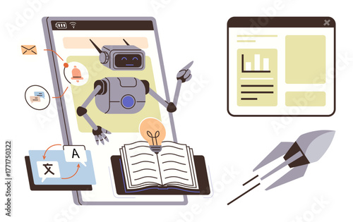 Robot using open book, charts, translation tools, and notifications. Ideal for education, automation, innovation, AI digital transformation research productivity. Simple flat metaphor