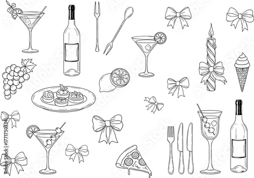 celebration, party, drinks, cocktails, wine, bottle, grapes, food, pizza, icecream, lemon, candle, bows, utensils, festive, artworkvvvvvvv