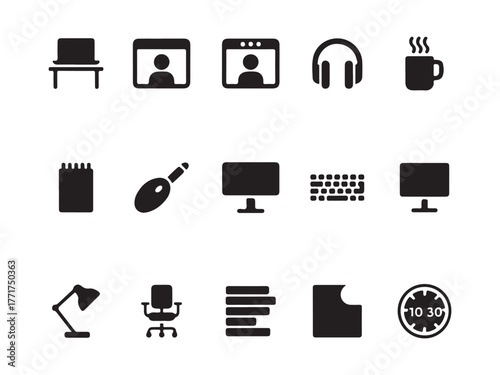 Essential Workday Icons: Collection of simple, stylized icons representing elements of a typical workday, designed to enhance user experience in digital design. 