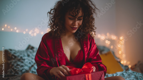 Hispanic white woman with curly hair in red silk robe sitting on bed unwrapping christmas gift. 