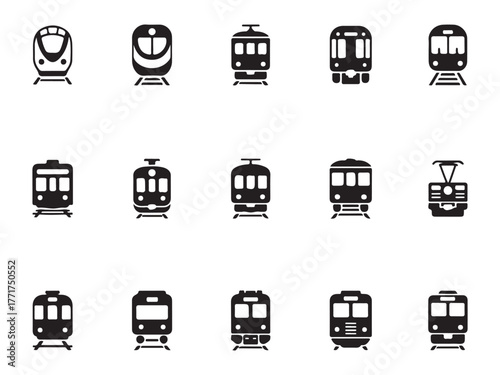Transport Icon Collection: A collection of various train and subway icons, each depicting a different type of public transit vehicle. Showcasing the diversity and functionality of transport.