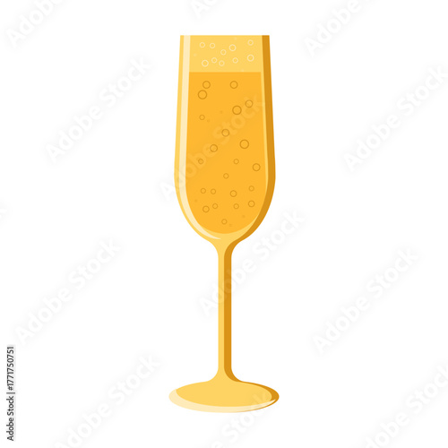 A tall champagne flute glass, vector color illustration in flat style. Festive sparkling wine on an isolated background.