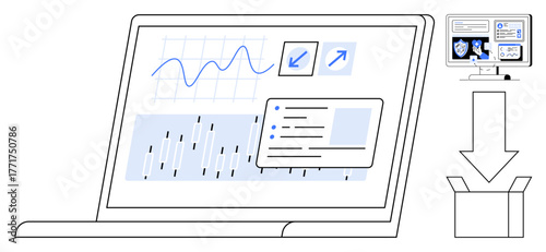 Laptop displaying charts, graphs, and data insights, with an arrow symbolizing export to a package. Ideal for data analytics, reporting, workflow, digital transformation, solutions delivery simple