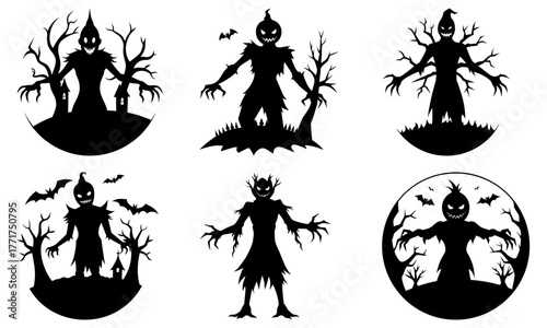 Spooky Halloween scarecrows and monsters with creepy trees and bats perfect for holiday decorations and spooky themes