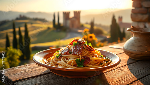 Delicious spaghetti with sauce and herbs served on a rustic table with a scenic sunset background