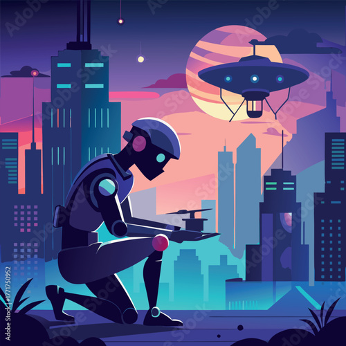Silhouette of a humanoid robot repairing a flying drone under city lights