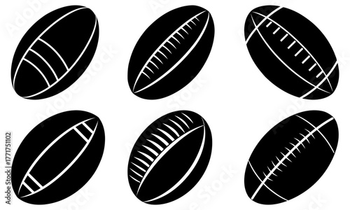 Dynamic collection of iconic rugby balls showcasing sport's athletic spirit and global appeal for sports marketing and design projects.