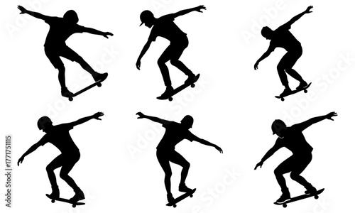 Dynamic skateboarder silhouettes capture urban sport action and youthful energy for modern lifestyle branding and design projects.