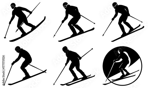Dynamic skiers carving slopes in action silhouettes capturing winter sport thrill and athletic grace for active lifestyle themes