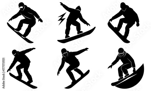 Dynamic snowboarders capturing thrilling action poses, conveying speed, freedom, and winter sports excitement for active lifestyles and adventure branding