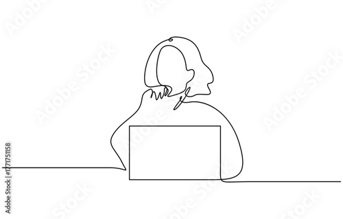 Man working on laptop and tablet in minimalist line art style. Minimalist single line art vector illustration