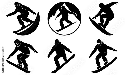 Dynamic snowboarder silhouettes capturing thrilling winter sports action, perfect for active lifestyle promotions and extreme sports branding.