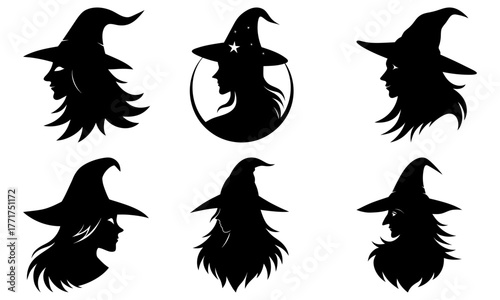 Mysterious witch silhouettes casting spells, perfect for Halloween and fantasy themes, evoking magic and intrigue with iconic hats and flowing hair.
