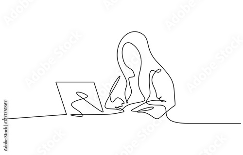 Man working on laptop and tablet in minimalist line art style. Minimalist single line art vector illustration