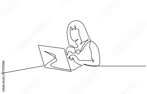 Man working on laptop and tablet in minimalist line art style. Minimalist single line art vector illustration