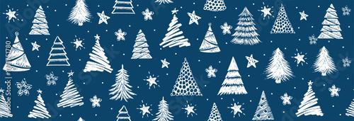 Christmas tree white on blue, hand drawn illustrations.	