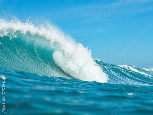 A powerful ocean wave curls against a clear blue sky, showing the dynamic movement and vibrant colors of nature with sea spray and ocean texture perfection.