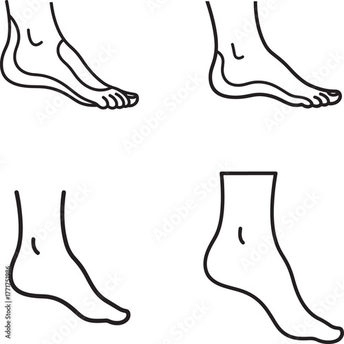 Four different line drawings of human feet showing various angles and arches
