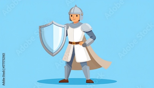 A cartoon depiction of a standing armored person holding a shield on a light blue background