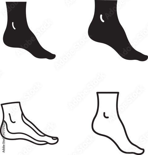 Set of four stylized human foot and ankle in outline and silhouette styles profile view