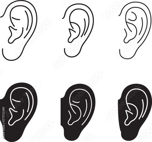 Collection of six detailed hand drawn illustrations of human ears in outline and silhouette styles