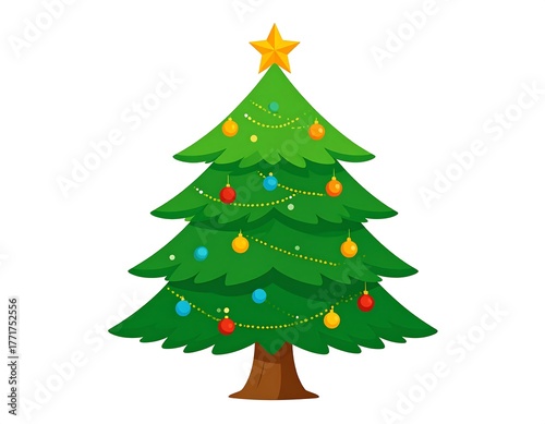 A cartoon Christmas tree with ornaments, a star, and string lights on a white background
