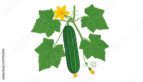 A cartoon cucumber plant with a green cucumber, leaves, and yellow flower, isolated on white
