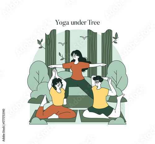 Group Yoga Session Under Tree Vector Illustration