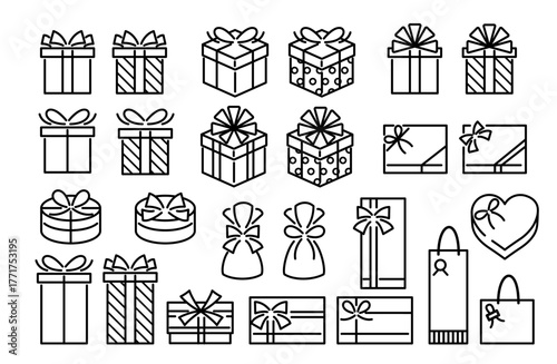 シンプルでかわいい太線のプレゼントボックスセット（白背景・黒ライン）