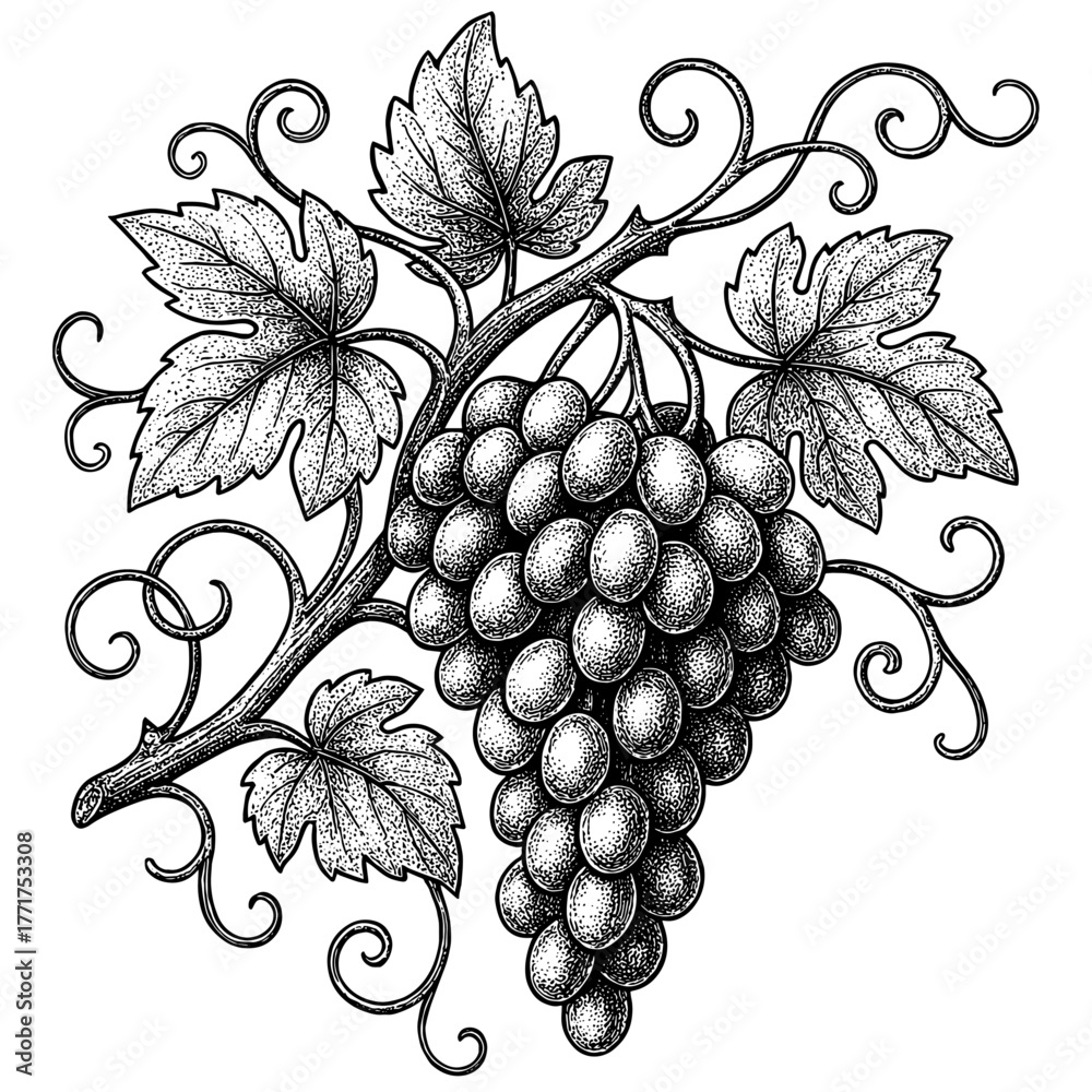 Naklejka premium Grapes Engraving, Vintage Botanical Line Art of Grape Vine and Leaves, Detailed Black and White Etching Illustration Isolated on Transparent Background