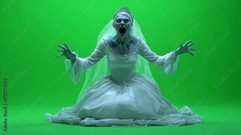 Fototapeta premium Scary Bride Zombie Against Green Background, Horror Character for Visual Effects