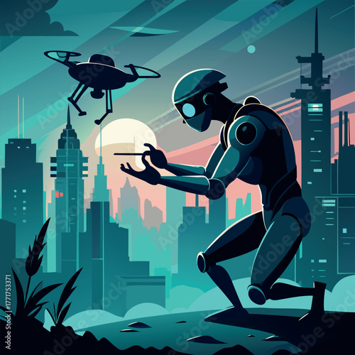 Silhouette of a humanoid robot repairing a flying drone under city lights