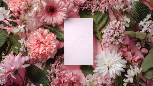 Creative Layout Made of Flowers and Leaves with Blank Note, Botanical Design and Natural Stationery Concept Pink Background